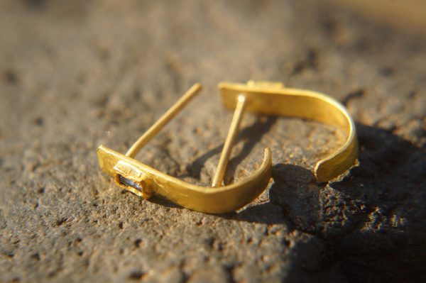 sapphire gold hoops, 22k solid gold, hand made artisan gold hoops. gold small hoops, gold with sapphire earrings, blue sapphire gold hoops