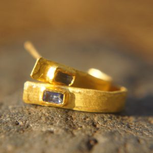 sapphire gold hoops, 22k solid gold, hand made artisan gold hoops. gold small hoops, gold with sapphire earrings, blue sapphire gold hoops
