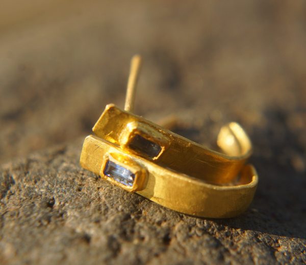 sapphire gold hoops, 22k solid gold, hand made artisan gold hoops. gold small hoops, gold with sapphire earrings, blue sapphire gold hoops