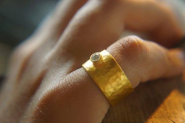 22k gold diamond ring//gold diamond ring//hammered diamond engagement ring//22k gold engagement//artisan diamond ring//boho engagement ring
