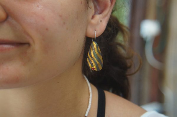 artisan bimetal-gold oxidized silver earrings-24k gold earrings -gold earrings-one of kind earring-artisan  earring-gold artisan -keum boo