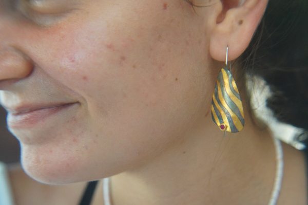 artisan bimetal-gold oxidized silver earrings-24k gold earrings -gold earrings-one of kind earring-artisan  earring-gold artisan -keum boo