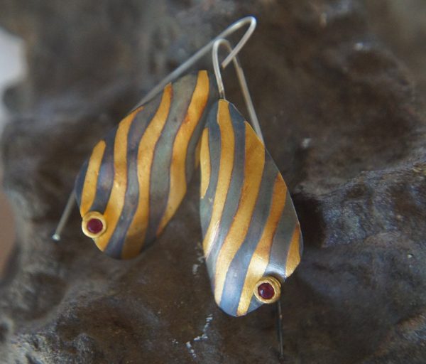 artisan bimetal-gold oxidized silver earrings-24k gold earrings -gold earrings-one of kind earring-artisan  earring-gold artisan -keum boo