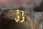 24k gold hoops, hand made artisan gold hoops. green garnet small hoops ,gold with green tzavorite earrings, nugget pebble 24k gold hoops