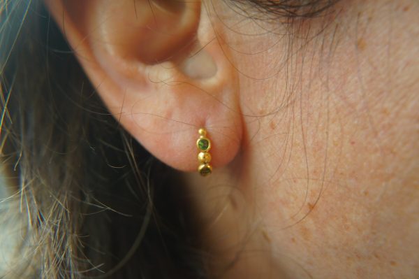 24k gold hoops, hand made artisan gold hoops. green garnet small hoops ,gold with green tzavorite earrings, nugget pebble 24k gold hoops
