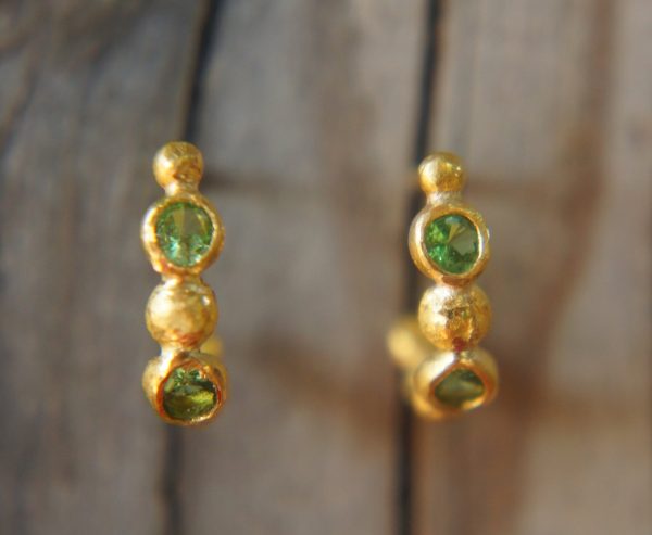 24k gold hoops, hand made artisan gold hoops. green garnet small hoops ,gold with green tzavorite earrings, nugget pebble 24k gold hoops