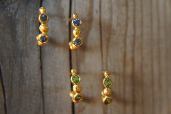 blue sapphire gold hoops, 24k solid gold earrings, hand made artisan gold hoops, small hoops gold with sapphire earrings, organic gold hoops