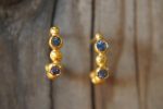 blue sapphire gold hoops, 24k solid gold earrings, hand made artisan gold hoops, small hoops gold with sapphire earrings, organic gold hoops