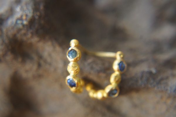 blue sapphire gold hoops, 24k solid gold earrings, hand made artisan gold hoops, small hoops gold with sapphire earrings, organic gold hoops