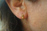 blue sapphire gold hoops, 24k solid gold earrings, hand made artisan gold hoops, small hoops gold with sapphire earrings, organic gold hoops