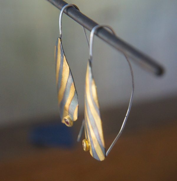 artisan bimetal-gold oxidized silver earrings-24k gold earrings -gold earrings-one of kind earring-artisan  earring-gold artisan -keum boo