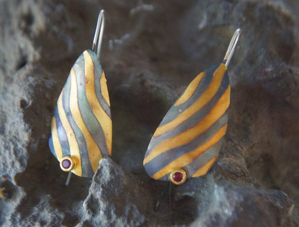 artisan bimetal-gold oxidized silver earrings-24k gold earrings -gold earrings-one of kind earring-artisan  earring-gold artisan -keum boo