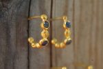 blue sapphire gold hoops, 24k solid gold earrings, hand made artisan gold hoops, small hoops gold with sapphire earrings, organic gold hoops