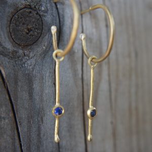 sapphire gold hoops, 22k solid gold, hand made artisan gold hoops. gold sapphire hoops, gold organic earrings, blue sapphire gold hoops