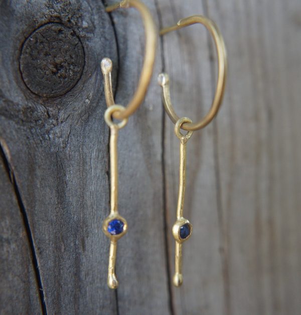 sapphire gold hoops, 22k solid gold, hand made artisan gold hoops. gold sapphire hoops, gold organic earrings, blue sapphire gold hoops