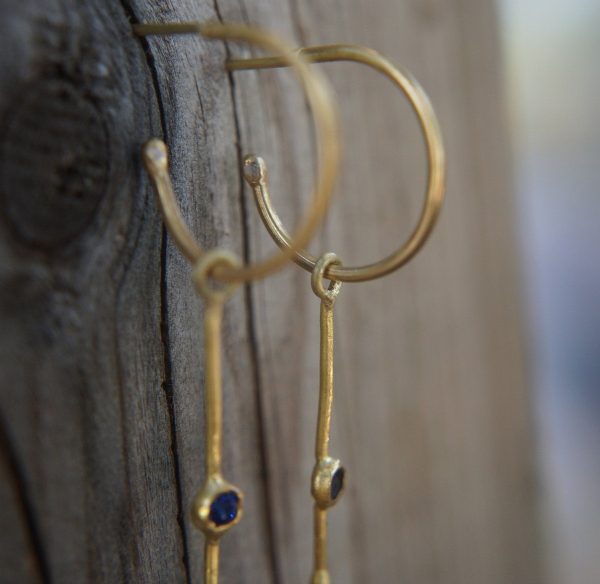 sapphire gold hoops, 22k solid gold, hand made artisan gold hoops. gold sapphire hoops, gold organic earrings, blue sapphire gold hoops