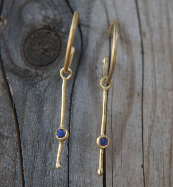 sapphire gold hoops, 22k solid gold, hand made artisan gold hoops. gold sapphire hoops, gold organic earrings, blue sapphire gold hoops