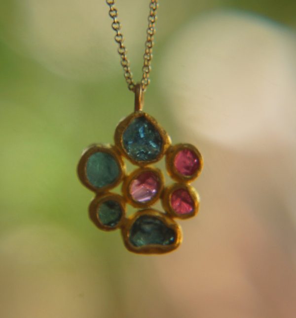24k gold pendant//flower 22k gold //gold artisan charm//blue gold pendant//artisan gold pendant//tourmaline pendant charm//24k gold pendant