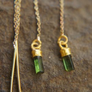 long threaders//24k gold green tourmaline crystal threaders earrings//gold green gem threaders earrings//unique artisan threader earrings