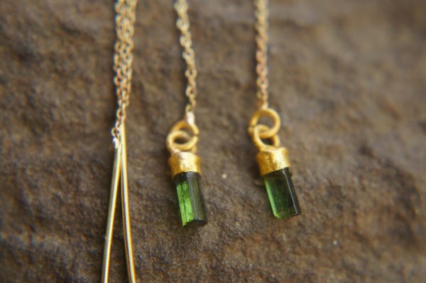 long threaders//24k gold green tourmaline crystal threaders earrings//gold green gem threaders earrings//unique artisan threader earrings