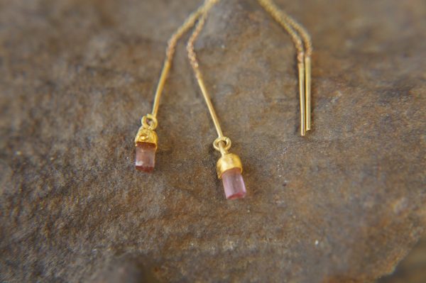 long threaders//24k gold pink tourmaline crystal threaders earrings//gold pink gem threaders earrings//unique artisan threader earrings