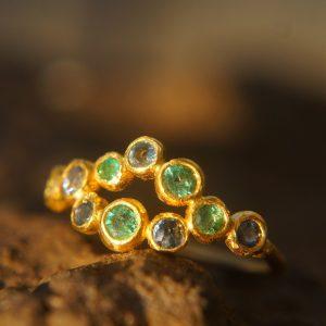 sapphire gold ring//artisan emerald ring//emerald sapphire ring//engagement earrings//24k gold ring//emerald gold ring//24k gold earring