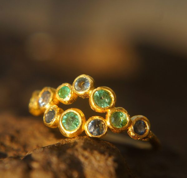sapphire gold ring//artisan emerald ring//emerald sapphire ring//engagement earrings//24k gold ring//emerald gold ring//24k gold earring