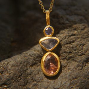 solid 24k gold pendant//gold sapphire and tourmaline charm//gemstone pendant//pink  tourmaline pendant//24 k gold pendant// solid gold charm