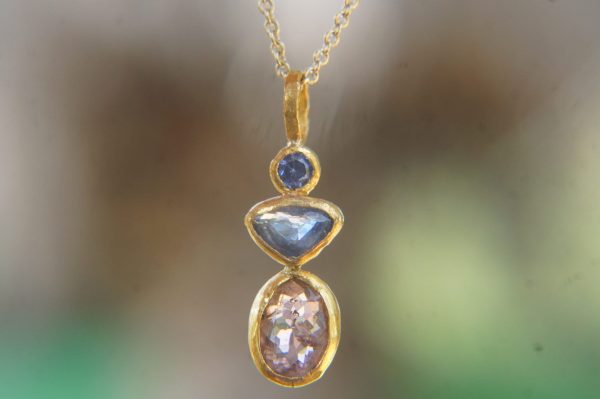 solid 24k gold pendant//gold sapphire and tourmaline charm//gemstone pendant//pink  tourmaline pendant//24 k gold pendant// solid gold charm