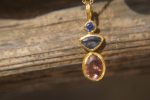 solid 24k gold pendant//gold sapphire and tourmaline charm//gemstone pendant//pink  tourmaline pendant//24 k gold pendant// solid gold charm