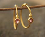pink sapphire gold hoops 24k gold,24k handmade artisan gold hoops gold small hoops gold with pink sapphire,24k organic gold hoops pink gem