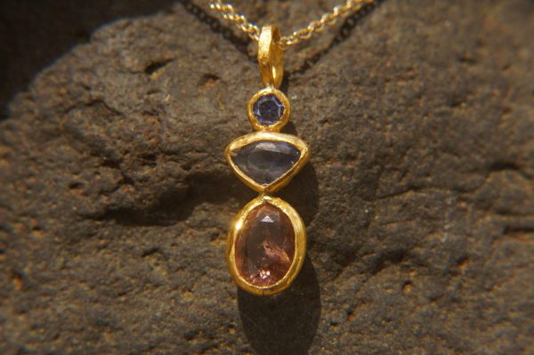 solid 24k gold pendant//gold sapphire and tourmaline charm//gemstone pendant//pink  tourmaline pendant//24 k gold pendant// solid gold charm