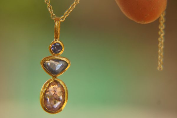 solid 24k gold pendant//gold sapphire and tourmaline charm//gemstone pendant//pink  tourmaline pendant//24 k gold pendant// solid gold charm