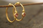 pink sapphire gold hoops 24k gold,24k handmade artisan gold hoops gold small hoops gold with pink sapphire,24k organic gold hoops pink gem