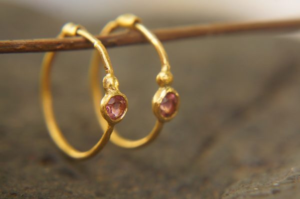 pink sapphire gold hoops 24k gold,24k handmade artisan gold hoops gold small hoops gold with pink sapphire,24k organic gold hoops pink gem