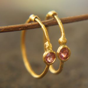 pink sapphire gold hoops 24k gold,24k handmade artisan gold hoops gold small hoops gold with pink sapphire,24k organic gold hoops pink gem
