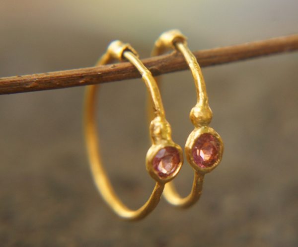 pink sapphire gold hoops 24k gold,24k handmade artisan gold hoops gold small hoops gold with pink sapphire,24k organic gold hoops pink gem