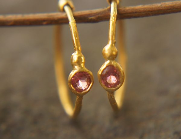 pink sapphire gold hoops 24k gold,24k handmade artisan gold hoops gold small hoops gold with pink sapphire,24k organic gold hoops pink gem