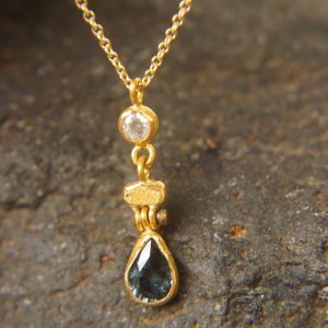 24k gold diamond pendant//drop gold necklace//24k gold diamond pendant//sapphire gold drop//artisan gold diamond pendant//24k gold necklace