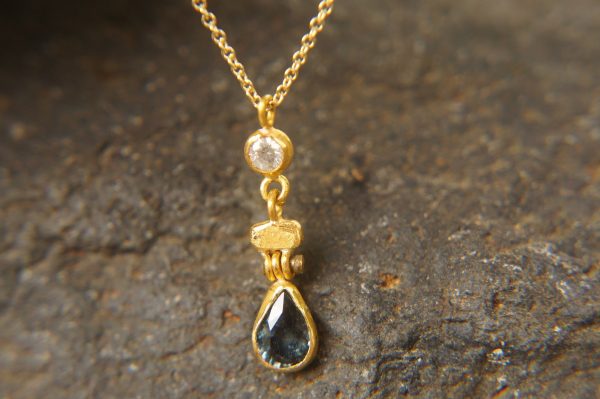 24k gold diamond pendant//drop gold necklace//24k gold diamond pendant//sapphire gold drop//artisan gold diamond pendant//24k gold necklace