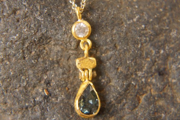24k gold diamond pendant//drop gold necklace//24k gold diamond pendant//sapphire gold drop//artisan gold diamond pendant//24k gold necklace