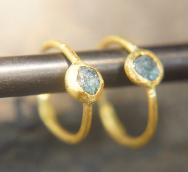 rough diamond gold hoop earring//gold hoop earring/24k gold jewelry//blue diamond hoop earring//artisan fine gold hoops//unique rustic hoop
