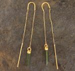 long threaders//24k gold green tourmaline crystal threaders earrings//gold green gem threaders earrings//unique artisan threader earrings