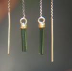 long threaders//24k gold green tourmaline crystal threaders earrings//gold green gem threaders earrings//unique artisan threader earrings