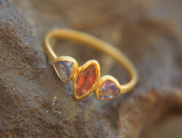 blue sapphire ring, gold sapphire ring, 24k gold ring, unique engagement ring, rough diamond ring, gold ring, gold sapphire with 2 diamonds