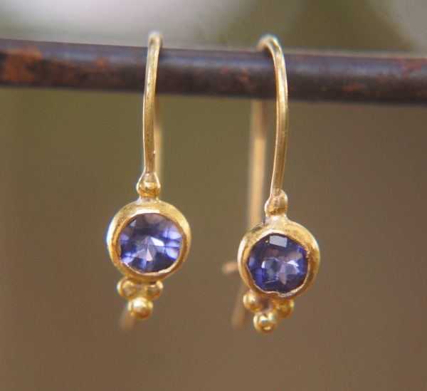 24k gold Iolite earring//blue gold Earrings//Gold Dangle Iolite Earrings//dangle gold earrings//24k gold earrings//artisan organic