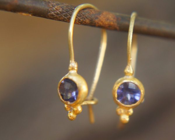 24k gold Iolite earring//blue gold Earrings//Gold Dangle Iolite Earrings//dangle gold earrings//24k gold earrings//artisan organic