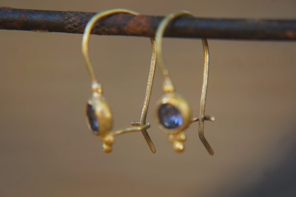 24k gold Iolite earring//blue gold Earrings//Gold Dangle Iolite Earrings//dangle gold earrings//24k gold earrings//artisan organic