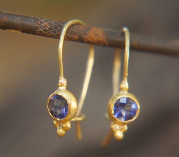 24k gold Iolite earring//blue gold Earrings//Gold Dangle Iolite Earrings//dangle gold earrings//24k gold earrings//artisan organic