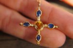 24k gold pendant//blue sapphire cross/gold artisan cross//sapphire gold cross pendant//multi stone cross//gold cross//artisan gold cross